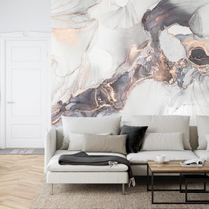 Papier Peint Luxury Abstract Fluid Art Painting In Alcohol Ink Technique, Mixture Of Black, Gray And Gold Paints. Imitation Of Marble Stone Cut, Glowing Golden Veins. Tender And Dreamy Design. – Image 6