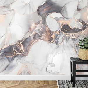 Papier Peint Luxury Abstract Fluid Art Painting In Alcohol Ink Technique, Mixture Of Black, Gray And Gold Paints. Imitation Of Marble Stone Cut, Glowing Golden Veins. Tender And Dreamy Design. – Image 7