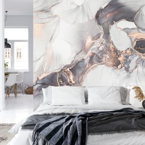 Papier Peint Luxury Abstract Fluid Art Painting In Alcohol Ink Technique, Mixture Of Black, Gray And Gold Paints. Imitation Of Marble Stone Cut, Glowing Golden Veins. Tender And Dreamy Design. – Image 8