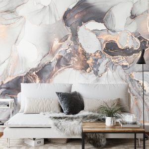 Papier Peint Luxury Abstract Fluid Art Painting In Alcohol Ink Technique, Mixture Of Black, Gray And Gold Paints. Imitation Of Marble Stone Cut, Glowing Golden Veins. Tender And Dreamy Design. – Image 3