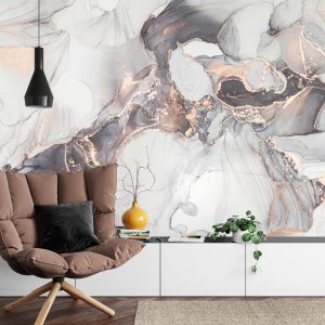 Papier Peint Luxury Abstract Fluid Art Painting In Alcohol Ink Technique, Mixture Of Black, Gray And Gold Paints. Imitation Of Marble Stone Cut, Glowing Golden Veins. Tender And Dreamy Design. – Image 4