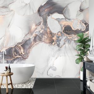 Papier Peint Luxury Abstract Fluid Art Painting In Alcohol Ink Technique, Mixture Of Black, Gray And Gold Paints. Imitation Of Marble Stone Cut, Glowing Golden Veins. Tender And Dreamy Design. – Image 5