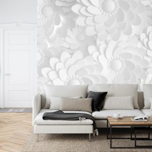 Papier Peint Beautiful, Elegant Paper Flower In The Style Of Hand-Made On A White Wall. 3D , 3D Rendering. – Image 6