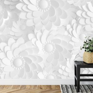 Papier Peint Beautiful, Elegant Paper Flower In The Style Of Hand-Made On A White Wall. 3D , 3D Rendering. – Image 7