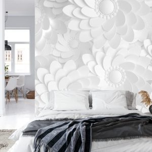 Papier Peint Beautiful, Elegant Paper Flower In The Style Of Hand-Made On A White Wall. 3D , 3D Rendering. – Image 8