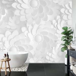 Papier Peint Beautiful, Elegant Paper Flower In The Style Of Hand-Made On A White Wall. 3D , 3D Rendering. – Image 5