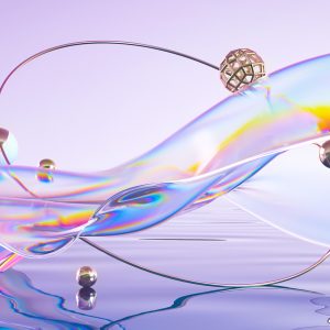 Papier Peint Abstract 3D Render. Glass Ribbon On Water With Geometric Circle And Spheres. Holographic Shape In Motion. Iridescent Digital Art For Banner Background, Wallpaper. Transparent Glossy Design Element. – Image 1
