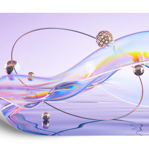Papier Peint Abstract 3D Render. Glass Ribbon On Water With Geometric Circle And Spheres. Holographic Shape In Motion. Iridescent Digital Art For Banner Background, Wallpaper. Transparent Glossy Design Element. – Image 2