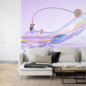 Papier Peint Abstract 3D Render. Glass Ribbon On Water With Geometric Circle And Spheres. Holographic Shape In Motion. Iridescent Digital Art For Banner Background, Wallpaper. Transparent Glossy Design Element. – Image 6