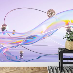 Papier Peint Abstract 3D Render. Glass Ribbon On Water With Geometric Circle And Spheres. Holographic Shape In Motion. Iridescent Digital Art For Banner Background, Wallpaper. Transparent Glossy Design Element. – Image 7