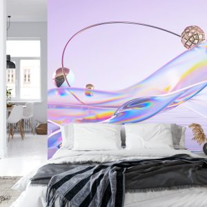 Papier Peint Abstract 3D Render. Glass Ribbon On Water With Geometric Circle And Spheres. Holographic Shape In Motion. Iridescent Digital Art For Banner Background, Wallpaper. Transparent Glossy Design Element. – Image 8