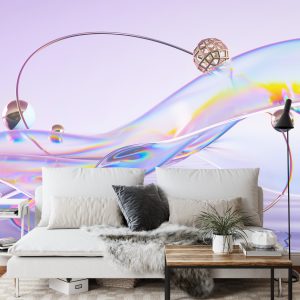Papier Peint Abstract 3D Render. Glass Ribbon On Water With Geometric Circle And Spheres. Holographic Shape In Motion. Iridescent Digital Art For Banner Background, Wallpaper. Transparent Glossy Design Element. – Image 3
