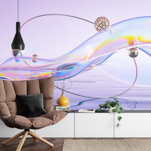 Papier Peint Abstract 3D Render. Glass Ribbon On Water With Geometric Circle And Spheres. Holographic Shape In Motion. Iridescent Digital Art For Banner Background, Wallpaper. Transparent Glossy Design Element. – Image 4