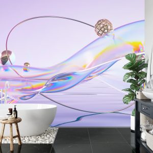 Papier Peint Abstract 3D Render. Glass Ribbon On Water With Geometric Circle And Spheres. Holographic Shape In Motion. Iridescent Digital Art For Banner Background, Wallpaper. Transparent Glossy Design Element. – Image 5