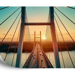 Papier Peint Beautiful Panoramic Aerial Drone View To Cable-Stayed Siekierkowski Bridge Over The Vistula River And Warsaw City Skyscrapers, Poland In Gold Red Autumn Colors In November Evening At Sunset – Image 2