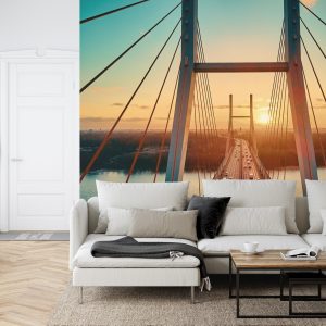 Papier Peint Beautiful Panoramic Aerial Drone View To Cable-Stayed Siekierkowski Bridge Over The Vistula River And Warsaw City Skyscrapers, Poland In Gold Red Autumn Colors In November Evening At Sunset – Image 6