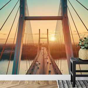 Papier Peint Beautiful Panoramic Aerial Drone View To Cable-Stayed Siekierkowski Bridge Over The Vistula River And Warsaw City Skyscrapers, Poland In Gold Red Autumn Colors In November Evening At Sunset – Image 7