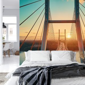 Papier Peint Beautiful Panoramic Aerial Drone View To Cable-Stayed Siekierkowski Bridge Over The Vistula River And Warsaw City Skyscrapers, Poland In Gold Red Autumn Colors In November Evening At Sunset – Image 8