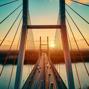 Papier Peint Beautiful Panoramic Aerial Drone View To Cable-Stayed Siekierkowski Bridge Over The Vistula River And Warsaw City Skyscrapers, Poland In Gold Red Autumn Colors In November Evening At Sunset – Image 1