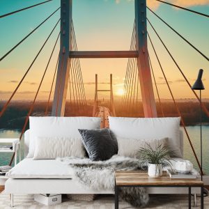 Papier Peint Beautiful Panoramic Aerial Drone View To Cable-Stayed Siekierkowski Bridge Over The Vistula River And Warsaw City Skyscrapers, Poland In Gold Red Autumn Colors In November Evening At Sunset – Image 3