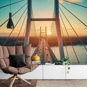 Papier Peint Beautiful Panoramic Aerial Drone View To Cable-Stayed Siekierkowski Bridge Over The Vistula River And Warsaw City Skyscrapers, Poland In Gold Red Autumn Colors In November Evening At Sunset – Image 4