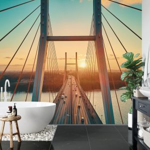 Papier Peint Beautiful Panoramic Aerial Drone View To Cable-Stayed Siekierkowski Bridge Over The Vistula River And Warsaw City Skyscrapers, Poland In Gold Red Autumn Colors In November Evening At Sunset – Image 5