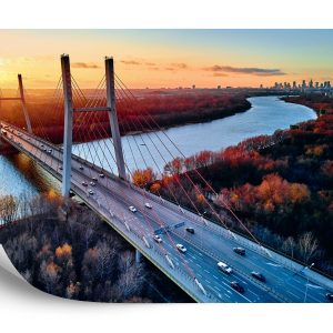 Papier Peint Beautiful Panoramic Aerial Drone View To Cable-Stayed Siekierkowski Bridge Over The Vistula River And Warsaw City Skyscrapers, Poland In Gold Red Autumn Colors In November Evening At Sunset – Image 2