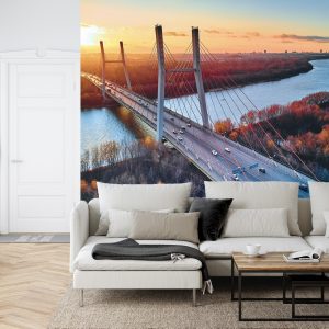 Papier Peint Beautiful Panoramic Aerial Drone View To Cable-Stayed Siekierkowski Bridge Over The Vistula River And Warsaw City Skyscrapers, Poland In Gold Red Autumn Colors In November Evening At Sunset – Image 6