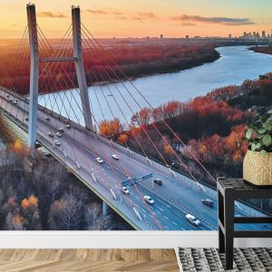 Papier Peint Beautiful Panoramic Aerial Drone View To Cable-Stayed Siekierkowski Bridge Over The Vistula River And Warsaw City Skyscrapers, Poland In Gold Red Autumn Colors In November Evening At Sunset – Image 7