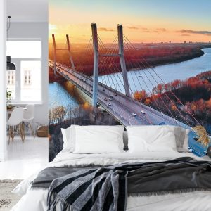 Papier Peint Beautiful Panoramic Aerial Drone View To Cable-Stayed Siekierkowski Bridge Over The Vistula River And Warsaw City Skyscrapers, Poland In Gold Red Autumn Colors In November Evening At Sunset – Image 8