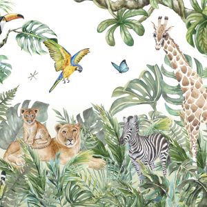 Papier Peint Children's Wallpaper, Watercolor Jungle And Animals. Lions, Giraffe, Elephant, Parrots, Zebra, Lemur – Image 1