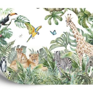 Papier Peint Children's Wallpaper, Watercolor Jungle And Animals. Lions, Giraffe, Elephant, Parrots, Zebra, Lemur – Image 2