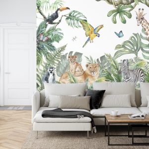 Papier Peint Children's Wallpaper, Watercolor Jungle And Animals. Lions, Giraffe, Elephant, Parrots, Zebra, Lemur – Image 6
