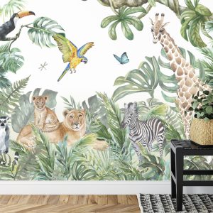 Papier Peint Children's Wallpaper, Watercolor Jungle And Animals. Lions, Giraffe, Elephant, Parrots, Zebra, Lemur – Image 7