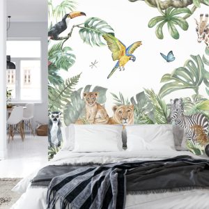 Papier Peint Children's Wallpaper, Watercolor Jungle And Animals. Lions, Giraffe, Elephant, Parrots, Zebra, Lemur – Image 8