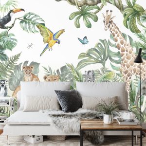 Papier Peint Children's Wallpaper, Watercolor Jungle And Animals. Lions, Giraffe, Elephant, Parrots, Zebra, Lemur – Image 3