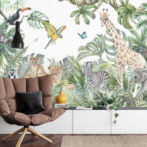Papier Peint Children's Wallpaper, Watercolor Jungle And Animals. Lions, Giraffe, Elephant, Parrots, Zebra, Lemur – Image 4