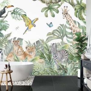Papier Peint Children's Wallpaper, Watercolor Jungle And Animals. Lions, Giraffe, Elephant, Parrots, Zebra, Lemur – Image 5