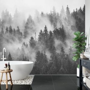 Papier Peint Forêt Dans La Brume Noir & Blanc – Image 5
