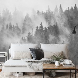 Papier Peint Forêt Dans La Brume Texturé Noir Et Blanc – Image 3