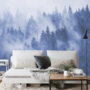 Papier Peint Forêt Dans La Brume Texturée En Bleu – Image 3