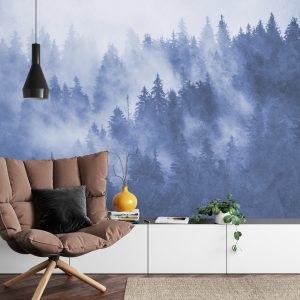 Papier Peint Forêt Dans La Brume Texturée En Bleu – Image 4