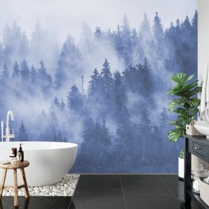 Papier Peint Forêt Dans La Brume Texturée En Bleu – Image 5