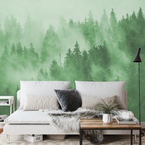 Papier Peint Forêt Dans La Brume En Vert – Image 3