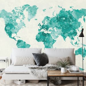 Papier Peint Carte Du Monde Aquarelle Verte – Image 3