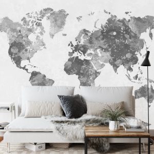 Papier Peint Carte Du Monde Aquarelle Monochrome – Image 3