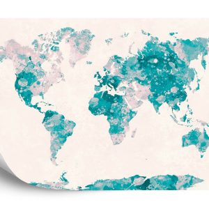 Papier Peint Mappemonde Aquarelle Turquoise & Rose – Image 2
