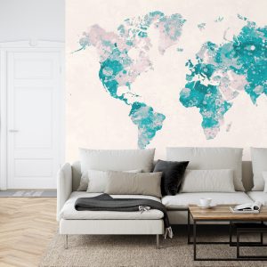 Papier Peint Mappemonde Aquarelle Turquoise & Rose – Image 6