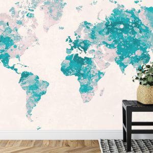 Papier Peint Mappemonde Aquarelle Turquoise & Rose – Image 7