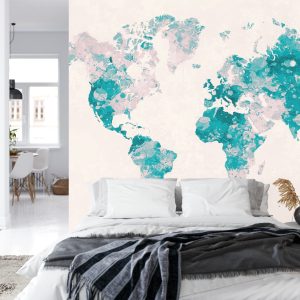 Papier Peint Mappemonde Aquarelle Turquoise & Rose – Image 8